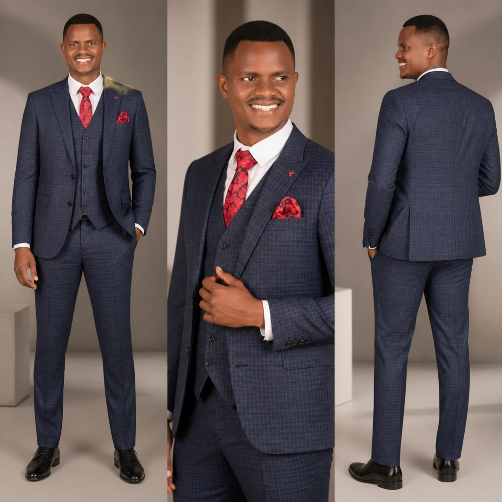 Sir Apollo Men's Slim Fit Navy Blue Check 3-Piece Turkish Suit,YNS