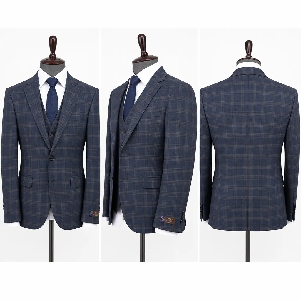 [AMC411-09S44] Men's Navy Blue Check 3-Piece Turkish Suit,AMC411-09SXX (44)