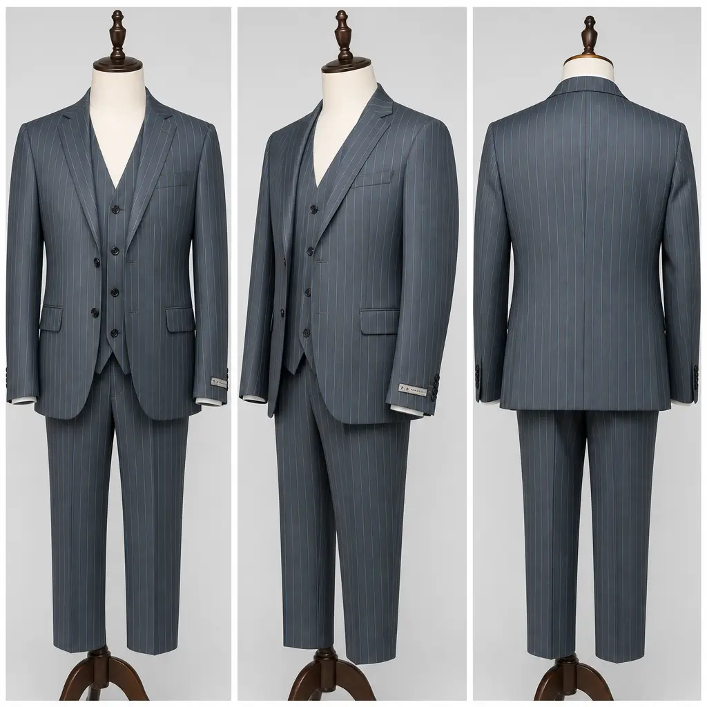 [NGC02S46] Men's Slim Fit Charcoal Blue Pinstripe 3-Piece Turkish Suit (80% Wool),NGC02SXX (46)